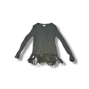 Eri + Ali Green Ribbed Knit Fringe Hem Sweater Women’s Size M Long Sleeve Boho